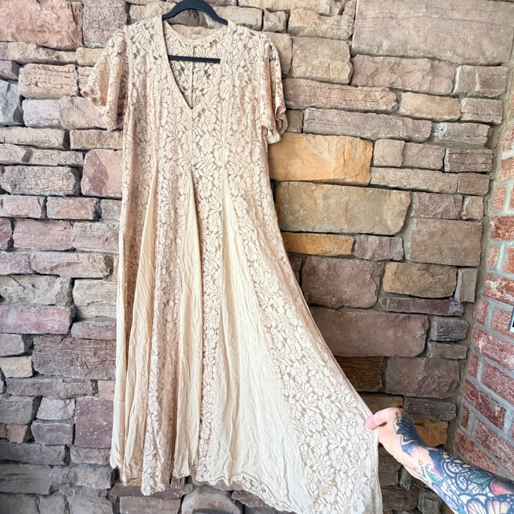 BOHEMIAN Women M Maxi Dress Floral Lace Godet Champagne Beige Sheer Ethereal